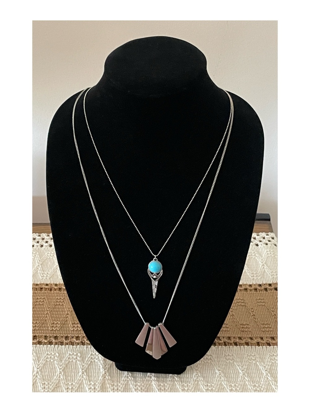 Silver Tone Layered Necklace Set with Turquoise Colored Pendant